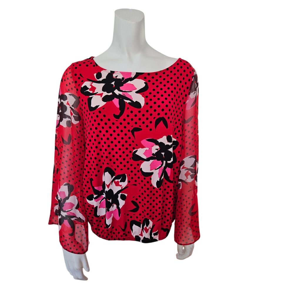 Style & Co Red With Black Abstract Floral Polka Dots Blouse Womens Size PM